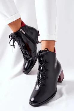Skórzane Ocieplane Botki Na Obcasie Czarne 2202 Damskie Botki Sznurowane|Botki Na Słupku