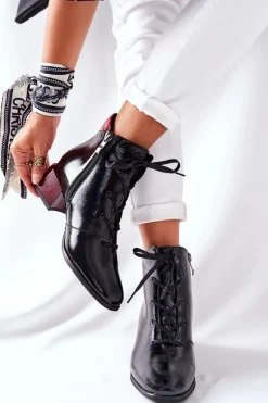 Skórzane Ocieplane Botki Na Obcasie Czarne 2202 Damskie Botki Sznurowane|Botki Na Słupku