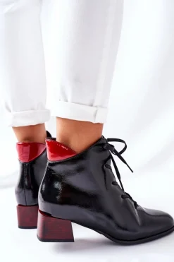 Skórzane Ocieplane Botki Na Obcasie Czarne 2202 Damskie Botki Sznurowane|Botki Na Słupku