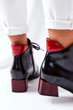 Skórzane Ocieplane Botki Na Obcasie Czarne 2202 Damskie Botki Sznurowane|Botki Na Słupku