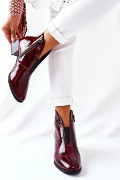 Discount Skórzane Ocieplane Botki Na Obcasie 04777-23 Bordo Damskie Botki Maciejka|Botki Na Słupku