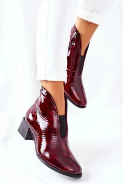 Discount Skórzane Ocieplane Botki Na Obcasie 04777-23 Bordo Damskie Botki Maciejka|Botki Na Słupku