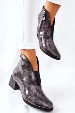 Sale Maciejka Skórzane Ocieplane Botki Na Obcasie 04777-13 Popielate