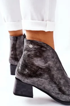 Sale Maciejka Skórzane Ocieplane Botki Na Obcasie 04777-13 Popielate