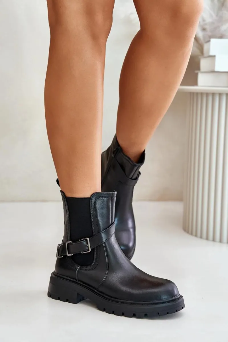 Skórzane Ocieplane Botki Sztyblety Z Paskiem Sergio Leone TR719-S Czarne Damskie Botki Ocieplane|Botki Zimowe Damskie