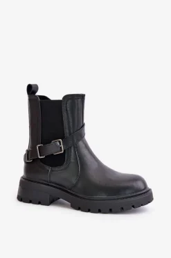 Skórzane Ocieplane Botki Sztyblety Z Paskiem Sergio Leone TR719-S Czarne Damskie Botki Ocieplane|Botki Zimowe Damskie