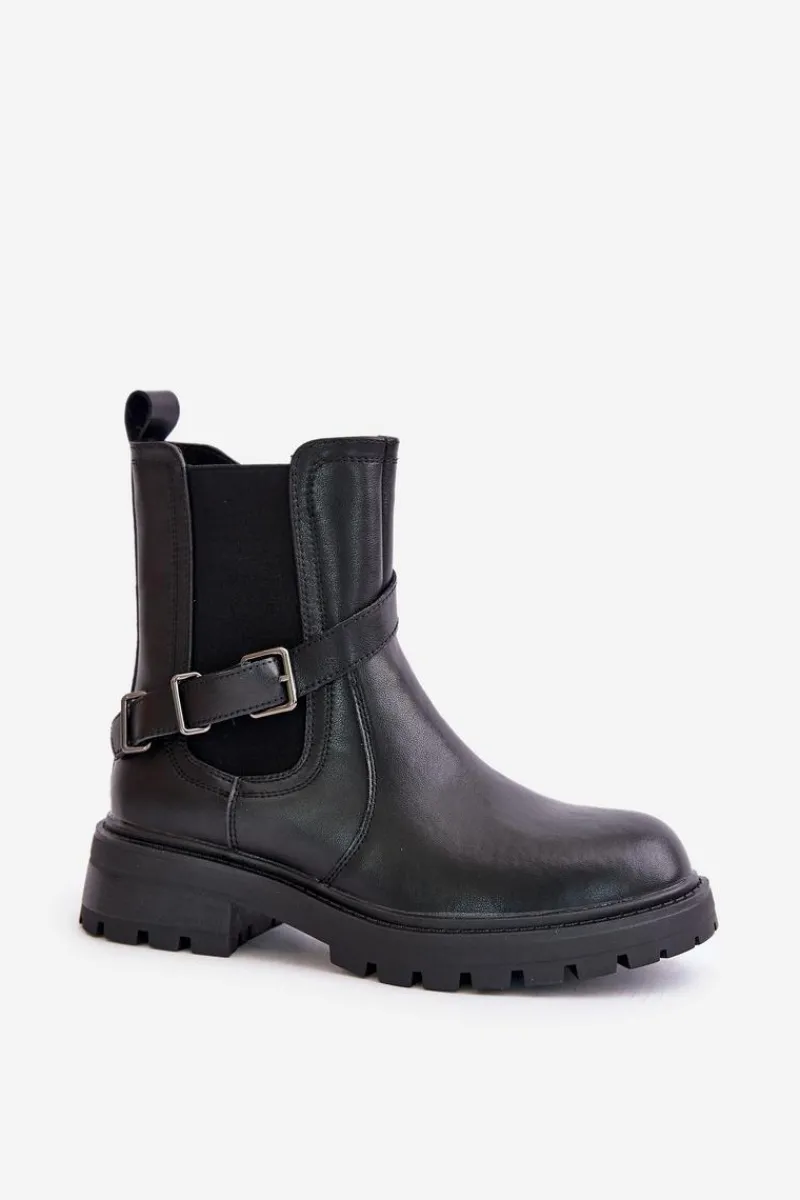 Skórzane Ocieplane Botki Sztyblety Z Paskiem Sergio Leone TR719-S Czarne Damskie Botki Ocieplane|Botki Zimowe Damskie