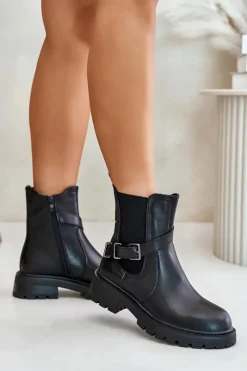 Skórzane Ocieplane Botki Sztyblety Z Paskiem Sergio Leone TR719-S Czarne Damskie Botki Ocieplane|Botki Zimowe Damskie