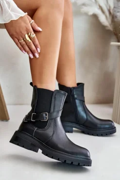 Skórzane Ocieplane Botki Sztyblety Z Paskiem Sergio Leone TR719-S Czarne Damskie Botki Ocieplane|Botki Zimowe Damskie