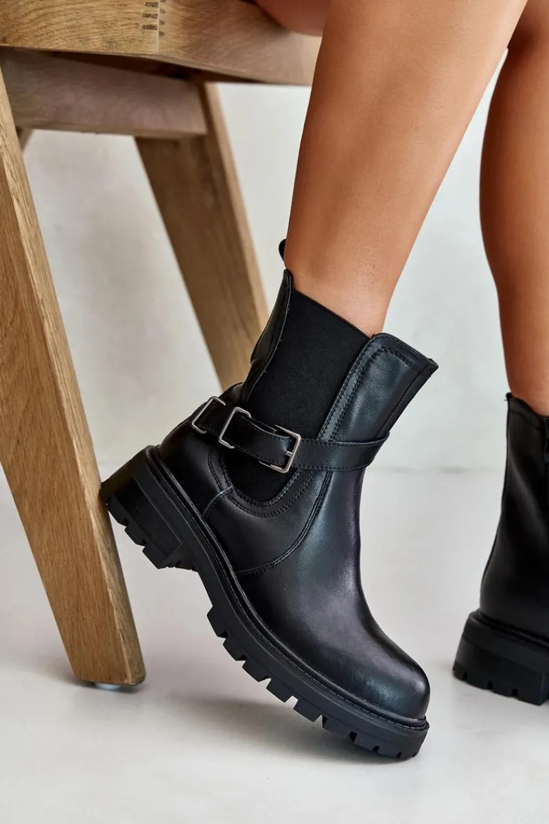 Skórzane Ocieplane Botki Sztyblety Z Paskiem Sergio Leone TR719-S Czarne Damskie Botki Ocieplane|Botki Zimowe Damskie