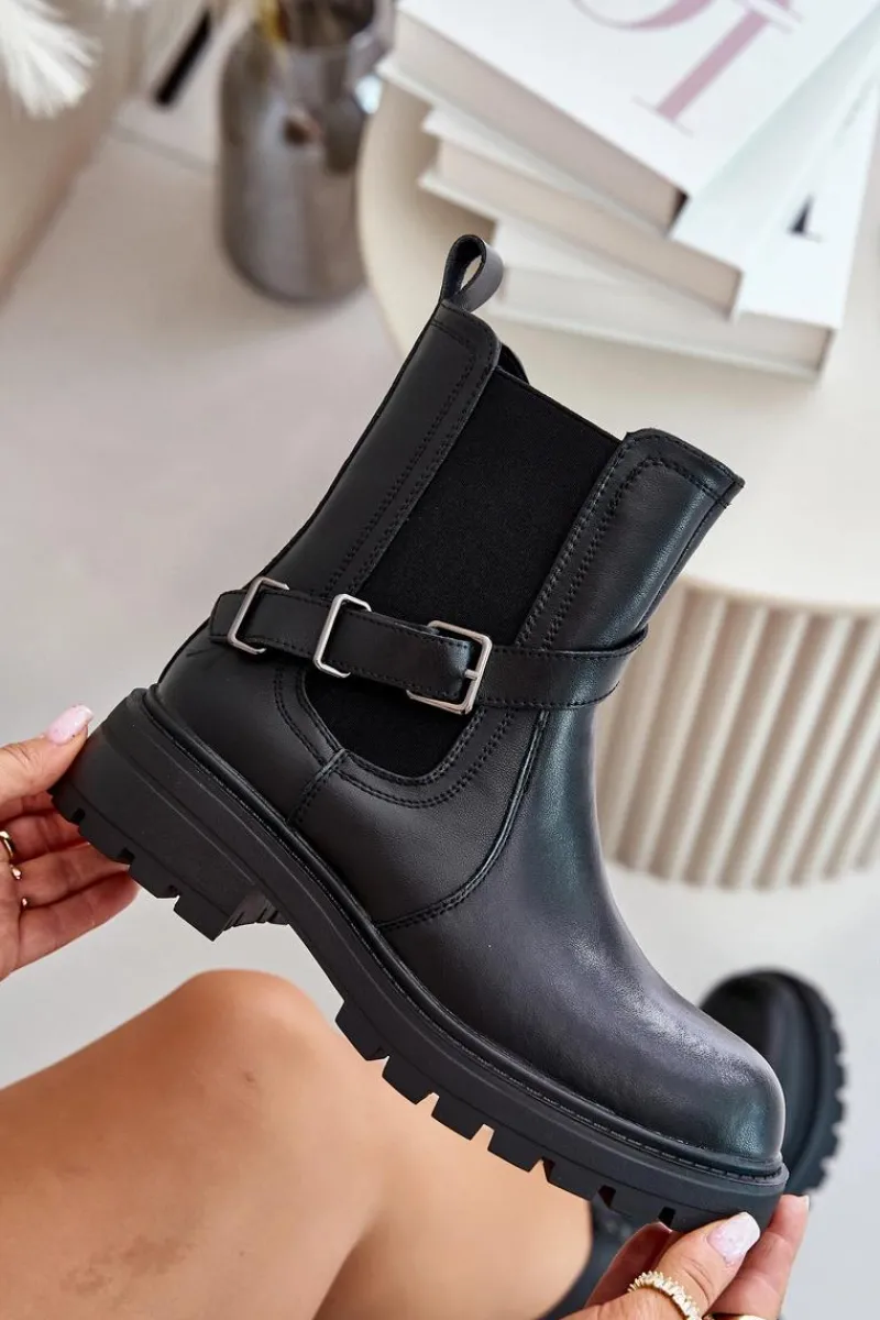 Skórzane Ocieplane Botki Sztyblety Z Paskiem Sergio Leone TR719-S Czarne Damskie Botki Ocieplane|Botki Zimowe Damskie