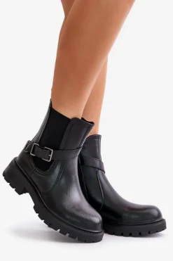 Skórzane Ocieplane Botki Sztyblety Z Paskiem Sergio Leone TR719-S Czarne Damskie Botki Ocieplane|Botki Zimowe Damskie