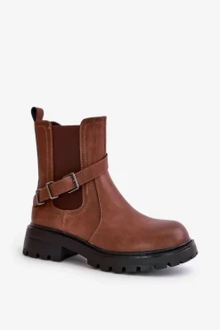 Outlet Skórzane Ocieplane Botki Sztyblety Z Paskiem Sergio Leone TR719-S Brązowe Damskie Botki Zimowe Damskie|Brązowe I Beżowe Botki