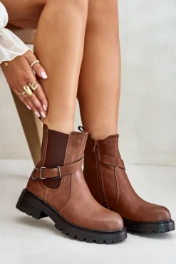 Outlet Skórzane Ocieplane Botki Sztyblety Z Paskiem Sergio Leone TR719-S Brązowe Damskie Botki Zimowe Damskie|Brązowe I Beżowe Botki