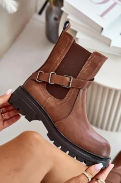 Outlet Skórzane Ocieplane Botki Sztyblety Z Paskiem Sergio Leone TR719-S Brązowe Damskie Botki Zimowe Damskie|Brązowe I Beżowe Botki