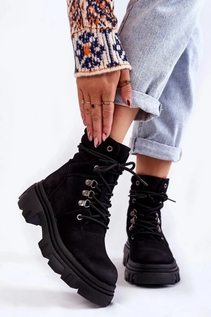 Best Evento Skórzane Ocieplane Botki Sznurowane Czarne Merisha