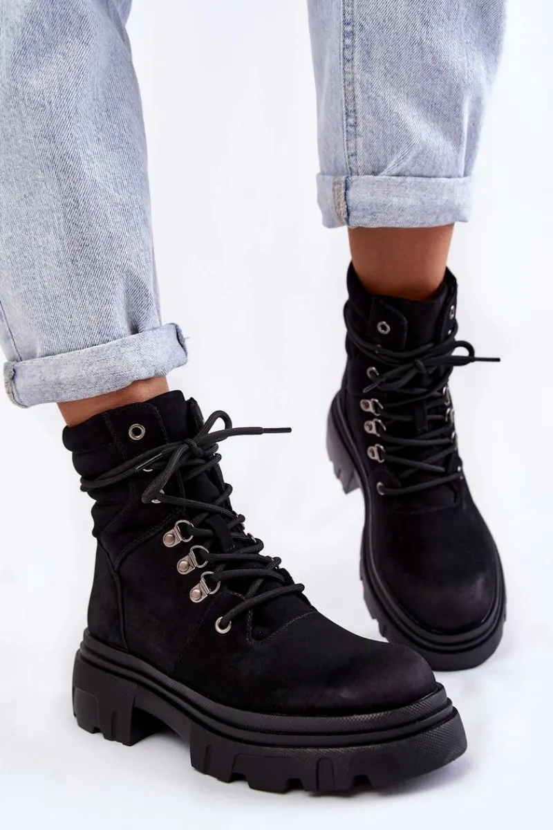 Best Evento Skórzane Ocieplane Botki Sznurowane Czarne Merisha