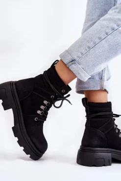 Best Evento Skórzane Ocieplane Botki Sznurowane Czarne Merisha