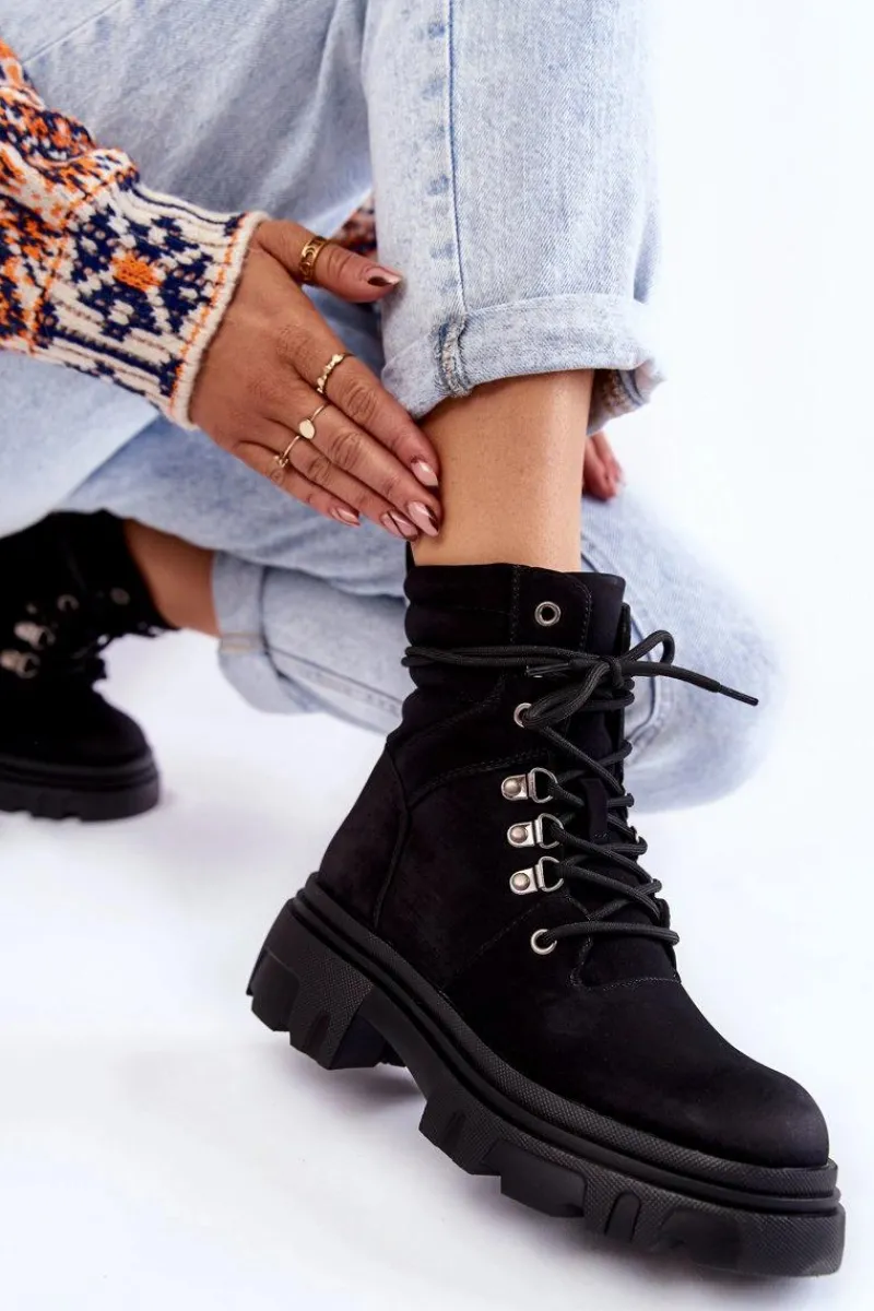 Best Evento Skórzane Ocieplane Botki Sznurowane Czarne Merisha