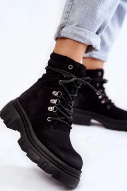 Best Evento Skórzane Ocieplane Botki Sznurowane Czarne Merisha