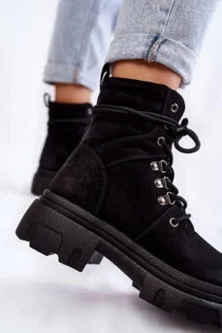 Best Evento Skórzane Ocieplane Botki Sznurowane Czarne Merisha