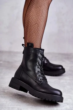 Boto Skórzane Ocieplane Botki Sznurowane Czarne Ritta