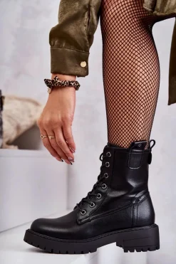 Boto Skórzane Ocieplane Botki Sznurowane Czarne Ritta