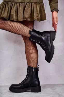 Boto Skórzane Ocieplane Botki Sznurowane Czarne Ritta