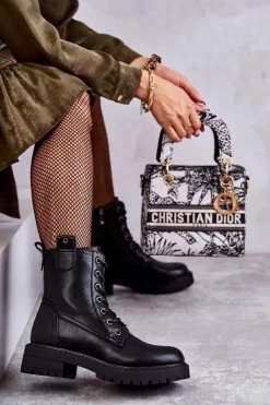 Boto Skórzane Ocieplane Botki Sznurowane Czarne Ritta