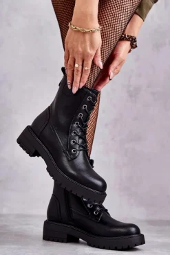Boto Skórzane Ocieplane Botki Sznurowane Czarne Ritta