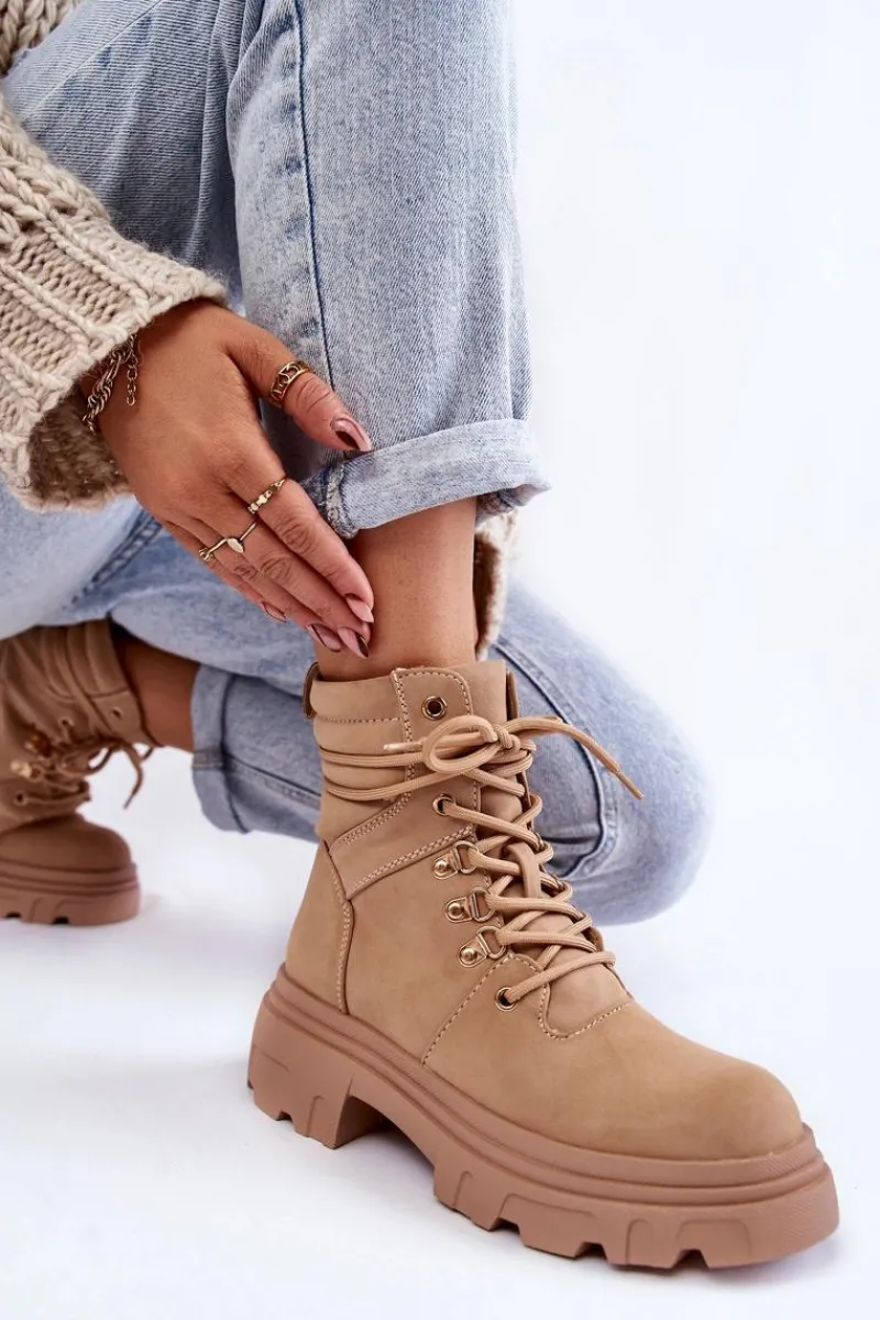 Botki Ocieplane|Damskie Trapery>Evento Skórzane Ocieplane Botki Sznurowane Beżowe Merisha Beżowy