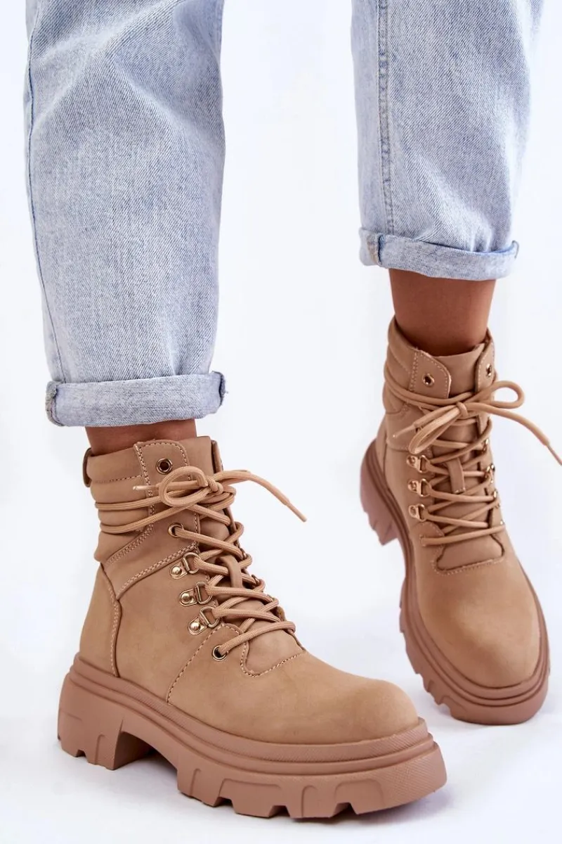 Botki Ocieplane|Damskie Trapery>Evento Skórzane Ocieplane Botki Sznurowane Beżowe Merisha Beżowy