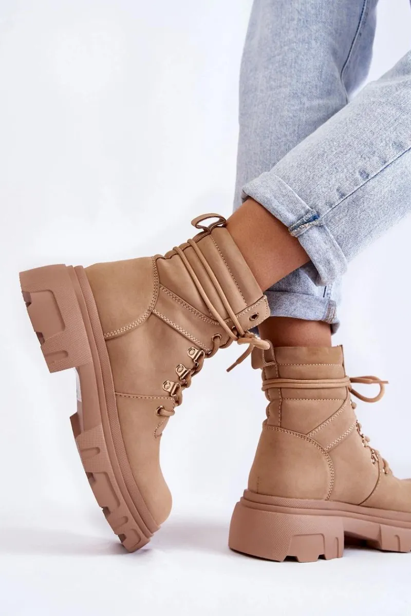 Botki Ocieplane|Damskie Trapery>Evento Skórzane Ocieplane Botki Sznurowane Beżowe Merisha Beżowy