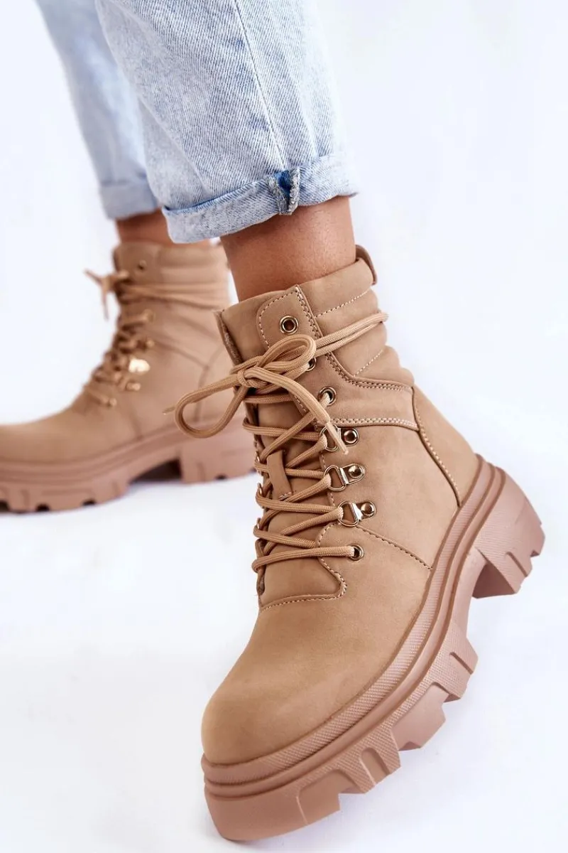 Botki Ocieplane|Damskie Trapery>Evento Skórzane Ocieplane Botki Sznurowane Beżowe Merisha Beżowy