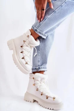 Hot Skórzane Ocieplane Botki Trapery Białe Arisa Damskie Damskie Trapery|Botki Sznurowane