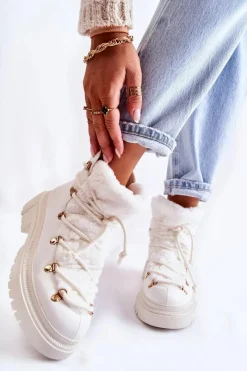 Hot Skórzane Ocieplane Botki Trapery Białe Arisa Damskie Damskie Trapery|Botki Sznurowane