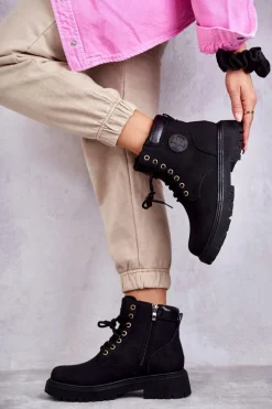 Discount Evento Skórzane Ocieplane Botki Trapery Czarne Felizia