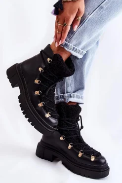 Damskie Trapery|Botki Sznurowane>Boto Skórzane Ocieplane Botki Trapery Czarne Arisa