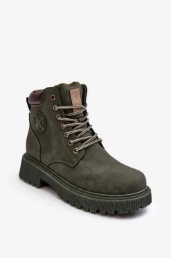 Clearance Evento Skórzane Ocieplane Botki Trapery Ciemnozielone Felizia