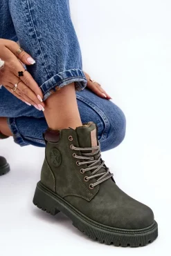 Clearance Evento Skórzane Ocieplane Botki Trapery Ciemnozielone Felizia