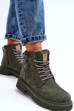 Clearance Evento Skórzane Ocieplane Botki Trapery Ciemnozielone Felizia