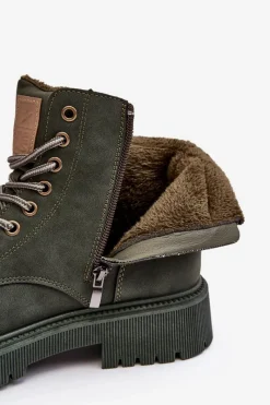 Clearance Evento Skórzane Ocieplane Botki Trapery Ciemnozielone Felizia