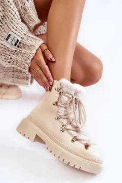 Skórzane Ocieplane Botki Trapery Jasnobeżowe Arisa Damskie Damskie Trapery|Botki Sznurowane