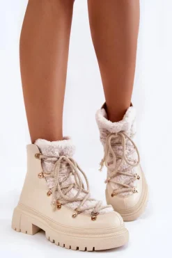 Skórzane Ocieplane Botki Trapery Jasnobeżowe Arisa Damskie Damskie Trapery|Botki Sznurowane