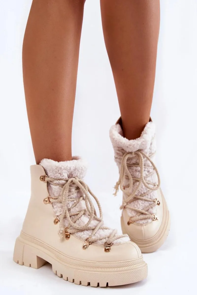Skórzane Ocieplane Botki Trapery Jasnobeżowe Arisa Damskie Damskie Trapery|Botki Sznurowane