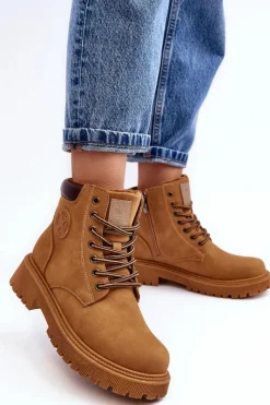 Botki Ocieplane|Damskie Trapery>Evento Skórzane Ocieplane Botki Trapery Camel Felizia Brązowy