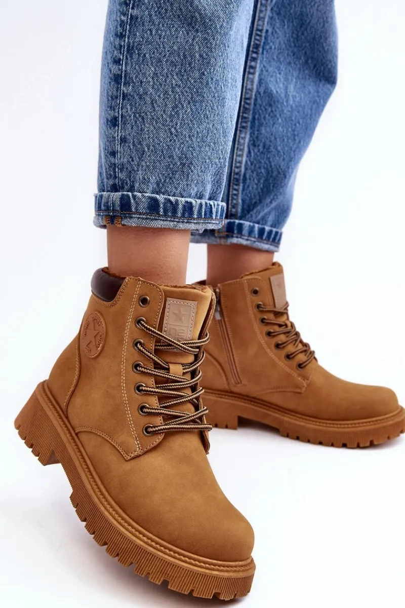 Botki Ocieplane|Damskie Trapery>Evento Skórzane Ocieplane Botki Trapery Camel Felizia Brązowy