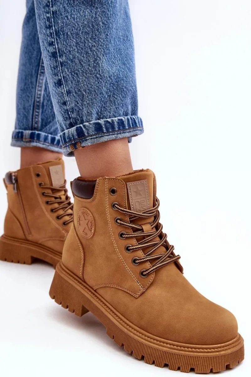 Botki Ocieplane|Damskie Trapery>Evento Skórzane Ocieplane Botki Trapery Camel Felizia Brązowy