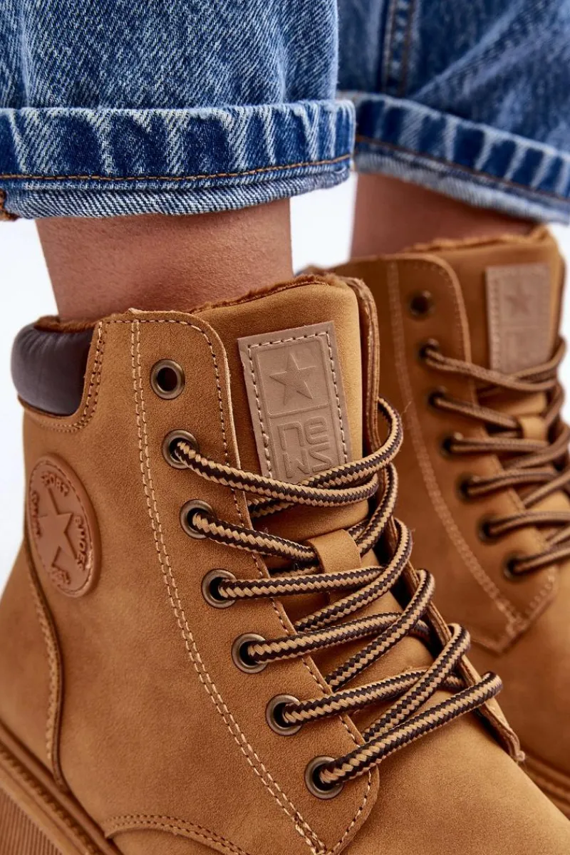 Botki Ocieplane|Damskie Trapery>Evento Skórzane Ocieplane Botki Trapery Camel Felizia Brązowy