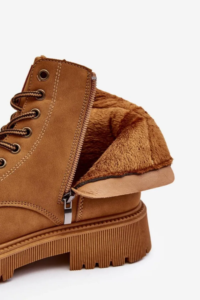 Botki Ocieplane|Damskie Trapery>Evento Skórzane Ocieplane Botki Trapery Camel Felizia Brązowy